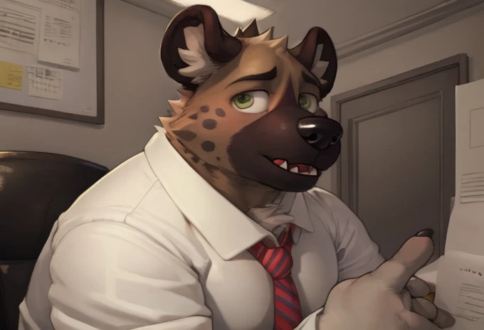 haida, hyena, nuzzle, male, spotted hyena, hyena boy, yellowish green eyes, fangs, spots, spotted body, white canine tail, white hands, white fingers, cheek tufts, neck short tufts, fur, lean, (wearing office outfit/ white shirt and red tie), by sugaryhotdog, by darkgem, by kokukokuboo, big chest, big biceps solo, (sketch lines, colored sketch), volumetric lighting, dynamic light, full body, intricate details, absurd res, 8k, the best quality, the best resolution, masterpiece, beautiful composition, absurd res, needy eyes, submissive, excited, office setting, desk, documents and files, laying submissivley, arms holding butt, thick butt, plump butt, panting, butt crack,wall clock, city landscape, morning light, longing gaze, ass pointing at viewer, BARA, muscular, himbo, dilf, back angle, big ass, ass focus
