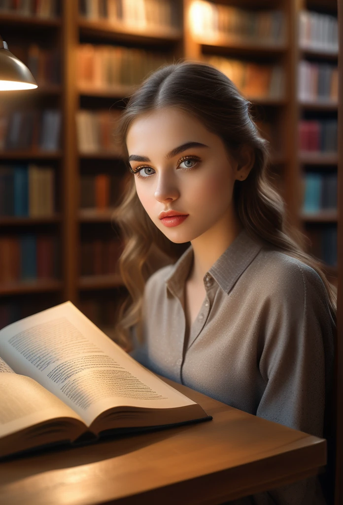 a young woman studying diligently in a library, beautiful detailed eyes, beautiful detailed lips, extremely detailed eyes and face, long eyelashes, girl reading a book at a table, wooden bookshelves in the background, warm lighting, photorealistic, highly detailed, cinematic lighting, dramatic shadows, muted color palette, hyper-realistic, masterpiece, 8k, best quality