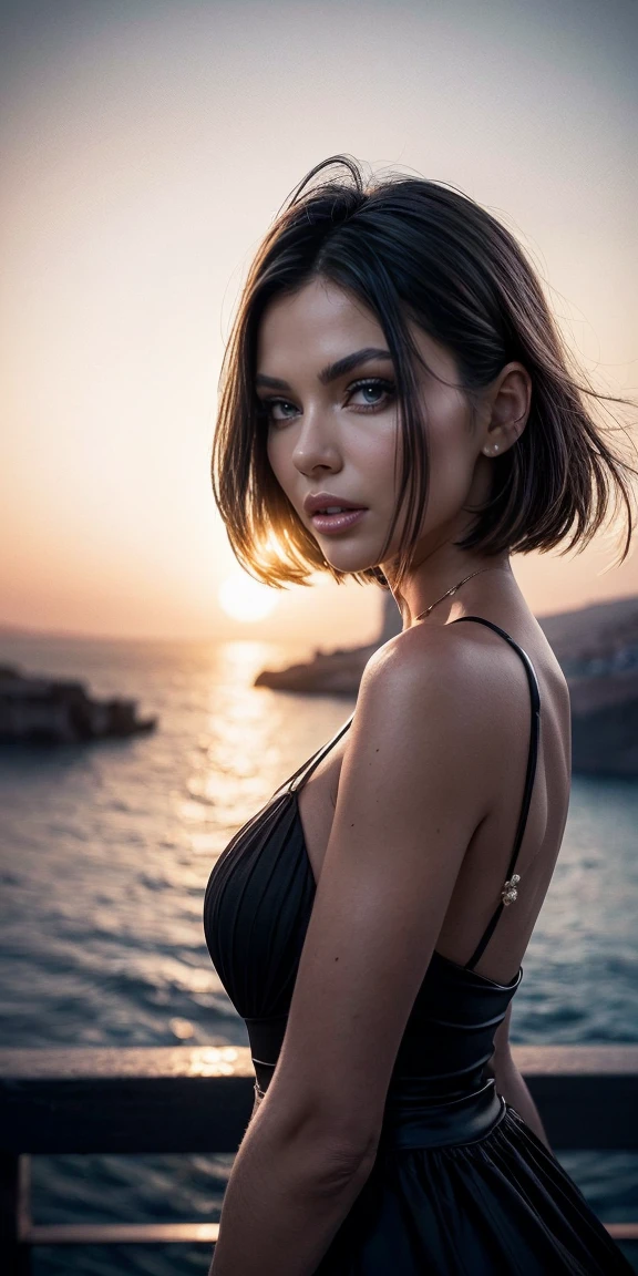 2 girl, yenfer, Whole body, short_hair, amazing hair negro, gorgeous, city girl, neckline, western film, flower_dress, hot girl, Santorini, Greece, Watching the sunset, make up, (masterpiece), Best Quality, High resolution, extremely detailed, blurred background, depth of field, cinematic lighting.