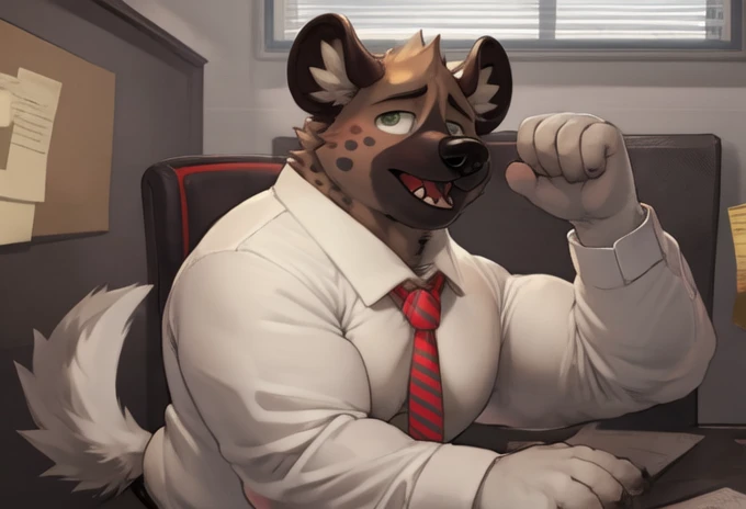 haida, hyena, nuzzle, male, spotted hyena, hyena boy, yellowish green eyes, fangs, spots, spotted body, white canine tail, white hands, white fingers, cheek tufts, neck short tufts, fur, lean, (wearing office outfit/ white shirt and red tie), by sugaryhotdog, by darkgem, by kokukokuboo, big chest, big biceps solo, (sketch lines, colored sketch), volumetric lighting, dynamic light, full body, intricate details, absurd res, 8k, the best quality, the best resolution, masterpiece, beautiful composition, absurd res, needy eyes, submissive, excited, office setting, desk, documents and files, laying submissivley, arms holding butt, thick butt, plump butt, panting, butt crack,wall clock, city landscape, morning light, longing gaze, ass pointing at viewer, BARA, muscular, himbo, dilf, back angle, big ass, ass focus
