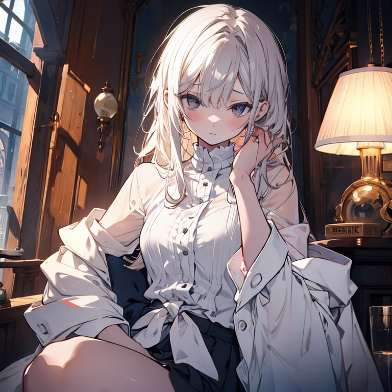 Florence Nightingale, (ballet clothes), sitting in a chair, smiling at the camera, white formal shirt, loose collar buttons, nipple bumps, long loose hair, (delicate illustrations: 1.4), (Renaissance art: 1.4), (ultra high resolution: 1.2), (photorealism: 1.4), (8K, RAW photos: 1.2), (soft focus: 1.4), ( 18 years old: 1.3), (Sharp Focus: 1.4), beautiful face with attention to detail, pure rose face_V1