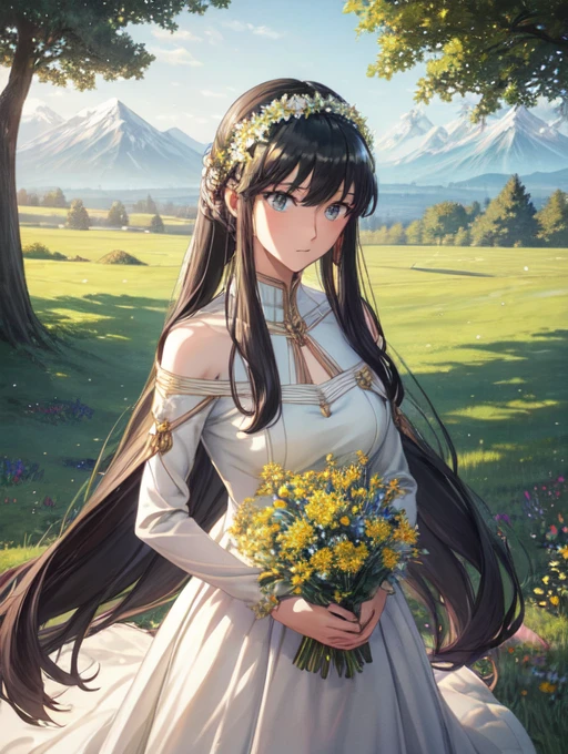 A beautiful, anthropomorphized female teddy bear standing gracefully in a serene meadow, bathed in the soft, golden light of early dawn. She has an elegant human-like posture and is dressed in a flowing, ethereal dress made of delicate petals that shimmer with the morning dew. Her fur is a rich, chocolate brown, meticulously groomed to perfection, and her eyes are twinkling sapphires that reflect the warmth of the sun's first rays. A dainty crown of wildflowers adorns her head, which is tilted slightly to one side, revealing a playful curiosity. Her expression is one of gentle contentment as she holds a bouquet of colorful blossoms in her soft, plush paws. The meadow is a vibrant tapestry of greens and blues, with tall, swaying grasses and a myriad of blooming flowers that seem to dance around her. In the background, the silhouettes of majestic trees frame the scene, and a distant mountain range, kissed by the early light, provides a breathtaking backdrop. The entire image exudes a sense of peace, beauty, and whimsy, inviting the viewer into a world where nature and imagination intertwine to create a harmonious and enchanting tableau.