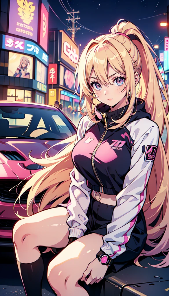 anime girl, long blonde hair with pink streaks, ponytail, pink eyes, sitting on the hood of a tuned sports car, car with anime graphics, posing, looking at viewer, street racing style, Tokyo Drift setting, night, neon lights, ultra 8k, high detail, anime art
)


