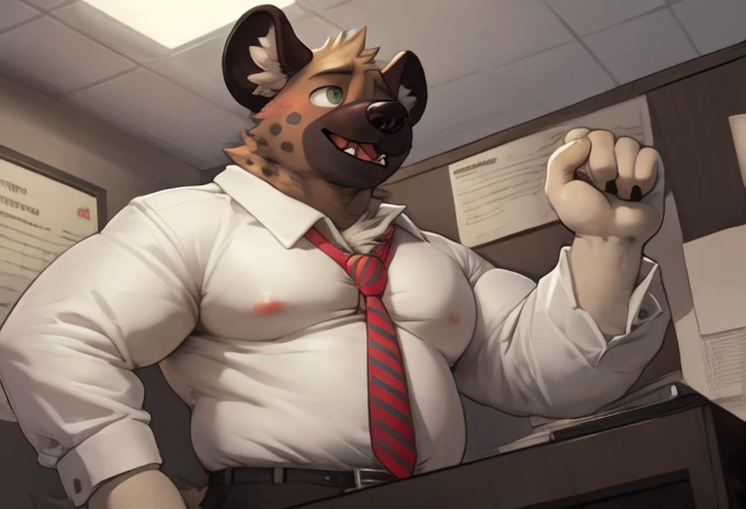 haida, hyena, nuzzle, male, spotted hyena, hyena boy, yellowish green eyes, fangs, spots, spotted body, white canine tail, white hands, white fingers, cheek tufts, neck short tufts, fur, lean, (wearing office outfit/ white shirt and red tie), by sugaryhotdog, by darkgem, by kokukokuboo, big chest, big biceps solo, (sketch lines, colored sketch), volumetric lighting, dynamic light, full body, intricate details, absurd res, 8k, the best quality, the best resolution, masterpiece, beautiful composition, absurd res, needy eyes, submissive, excited, office setting, desk, documents and files, laying submissivley, arms holding butt, thick butt, plump butt, panting, butt crack,wall clock, city landscape, morning light, longing gaze, ass pointing at viewer, BARA, muscular, himbo, dilf, back angle, big ass, ass focus
