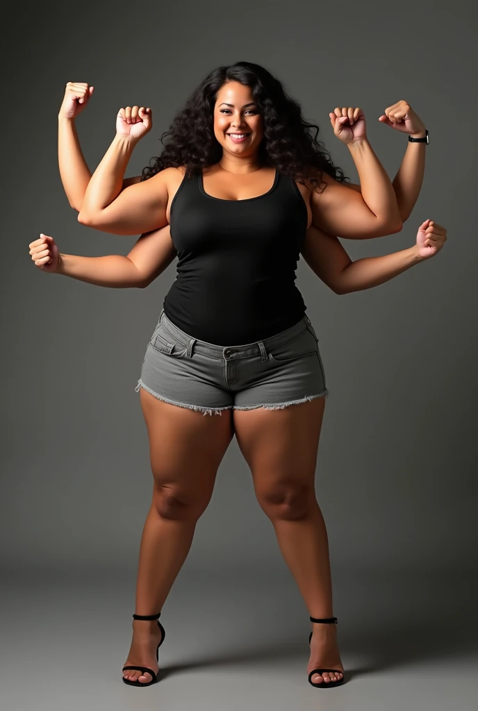 Create a photo of a teenage girl, obese, did, with black and dark skin, with short hair wearing a white shirt and black skirt and glasses, lifting the body of a 30-year-old woman from the ground by the waist and lifting it high into the air, with light white skin, long brown hair, slim body, no bra with bare breasts and wearing denim shorts