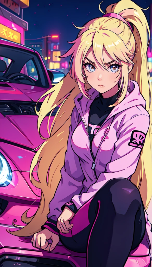 anime girl, long blonde hair with pink streaks, ponytail, pink eyes, sitting on the hood of a tuned sports car, car with anime graphics, posing, looking at viewer, street racing style, Tokyo Drift setting, night, neon lights, ultra 8k, high detail, anime art
)


