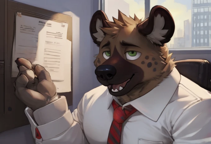 haida, hyena, nuzzle, male, spotted hyena, hyena boy, yellowish green eyes, fangs, spots, spotted body, white canine tail, white hands, white fingers, cheek tufts, neck short tufts, fur, lean, (wearing office outfit/ white shirt and red tie), by sugaryhotdog, by darkgem, by kokukokuboo, big chest, big biceps solo, (sketch lines, colored sketch), volumetric lighting, dynamic light, full body, intricate details, absurd res, 8k, the best quality, the best resolution, masterpiece, beautiful composition, absurd res, needy eyes, submissive, excited, office setting, desk, documents and files, laying submissivley, arms holding butt, thick butt, plump butt, panting, butt crack,wall clock, city landscape, morning light, longing gaze, ass pointing at viewer, BARA, muscular, himbo, dilf, back angle, big ass, ass focus
