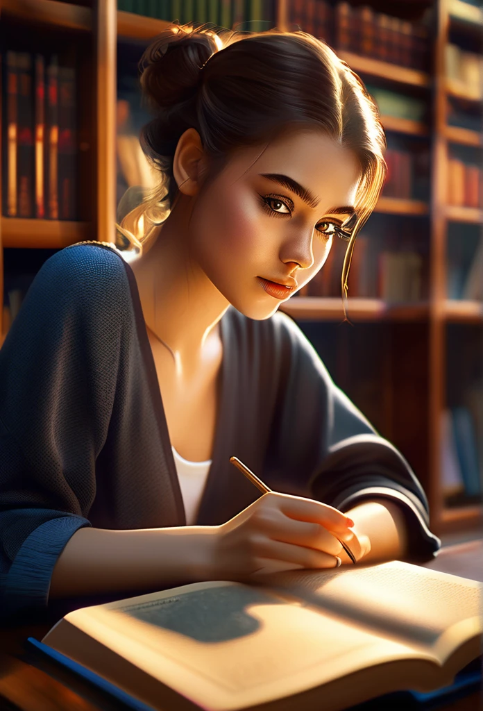 a young woman studying diligently in a library, beautiful detailed eyes, beautiful detailed lips, extremely detailed eyes and face, long eyelashes, girl reading a book at a table, wooden bookshelves in the background, warm lighting, photorealistic, highly detailed, cinematic lighting, dramatic shadows, muted color palette, hyper-realistic, masterpiece, 8k, best quality