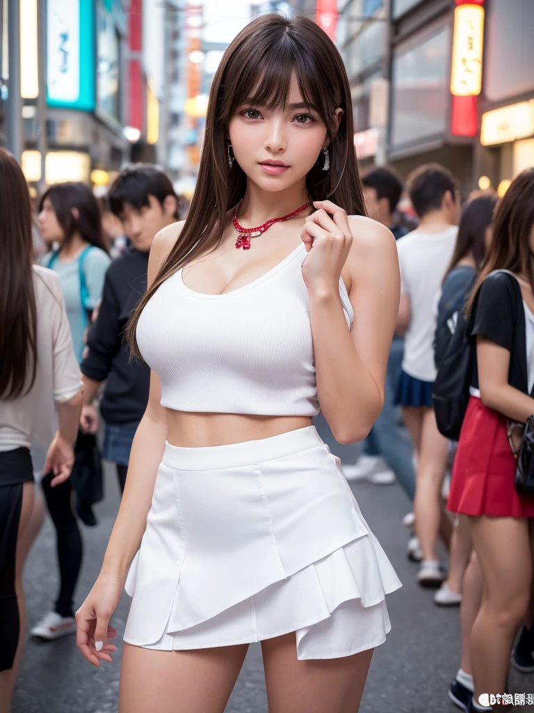 laughing out loud，2，Skirt length above knee,Wearing a white pleated skirt,(knee shot), 1 female, On the face, laughing out loud, light brown hair, blunt bangs, hair behind ears, Shoulder length hair, long hair, Slender body type, 超face slimming型, face slimming, delicate lips, beautiful eyes, Thin blush, Eyes are light brown,Check it out here, (actual:1.3), standing next to the street，The background is Tokyo Tower, One person's perspective, 8k, Super detailed, high quality, best quality, High resolution,，Large Breasts，The breasts are H-cups, Off-shoulder tops，normal two feet