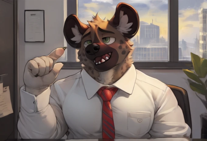 haida, hyena, nuzzle, male, spotted hyena, hyena boy, yellowish green eyes, fangs, spots, spotted body, white canine tail, white hands, white fingers, cheek tufts, neck short tufts, fur, lean, (wearing office outfit/ white shirt and red tie), by sugaryhotdog, by darkgem, by kokukokuboo, big chest, big biceps solo, (sketch lines, colored sketch), volumetric lighting, dynamic light, full body, intricate details, absurd res, 8k, the best quality, the best resolution, masterpiece, beautiful composition, absurd res, needy eyes, submissive, excited, office setting, desk, documents and files, laying submissivley, arms holding butt, thick butt, plump butt, panting, butt crack,wall clock, city landscape, morning light, longing gaze, ass pointing at viewer, BARA, muscular, himbo, dilf, back angle, big ass, ass focus, POV oral sex
