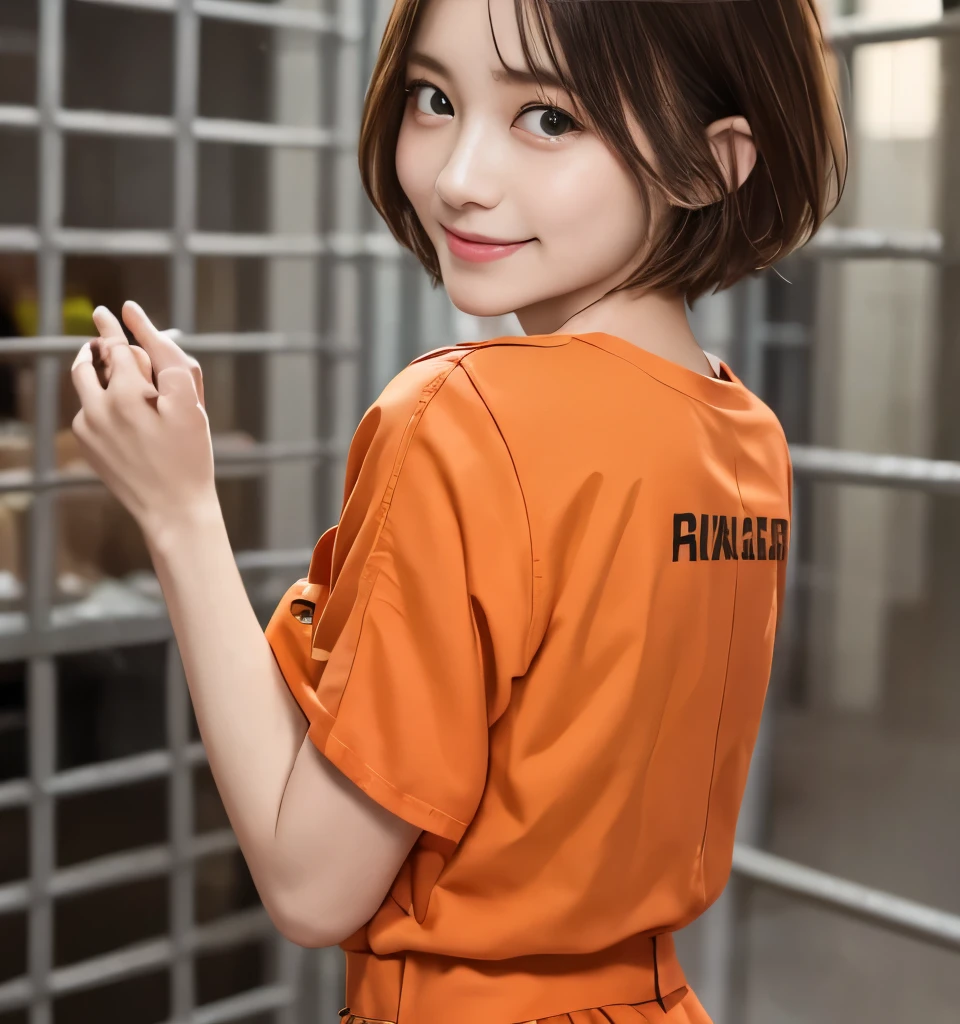 Highest quality、、Ultra-high resolution、masterpiece、Clear photos、Professional Lighting、smile、(very cute、beautiful girl、The cutest Yoda Yuki)、Baby Face、Small face、Very delicate and beautiful、Ultra slim、Slender body、Tight waist、Beautiful legs、(Inside the prison、Wearing an orange prison uniform:1.6、Shooting through iron bars)、(Hunchback、Her cleavage is visible)、(Very short hair:1.6)、Brown Hair、(Full body photo)