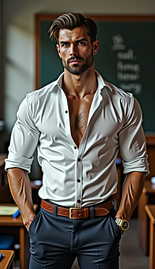 masterpiece, best quality, high resolution, closeup portrait, male focus, solo focus, A man, 28 years old, with priest uniform, priest clothes, priest father, silver grey hair, goatee moustache, messy hairstyle, cute and seductive face, bare chest, body hair, facial hair, roman nose, scruffy, hairy abs, skinny body, hairy legs, dimples, beard, bold jawline , in the background a church back room, view from below, amazing composition, front view, HDR, ultra quality, elegant, highly detailed, sexual tension, seductive