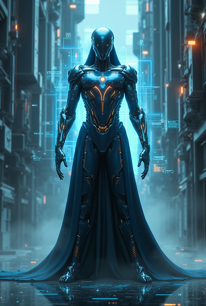 "Create an ultra-realistic image of a futuristic humanoid robot inspired by the style of the &#39;Project Zeta&#39; series. The robot must wear a dark coat, long, elegant coat with a hood that partially covers the head. Design must include metal, polished surfaces with intricate mechanical details, and bright blue eyes. The robot is standing, looking directly at the viewer with an intense, focused gaze. The background should be dark and slightly hazy., with subtle lighting that highlights the robot&#39;s features, adding a sense of mystery and depth."