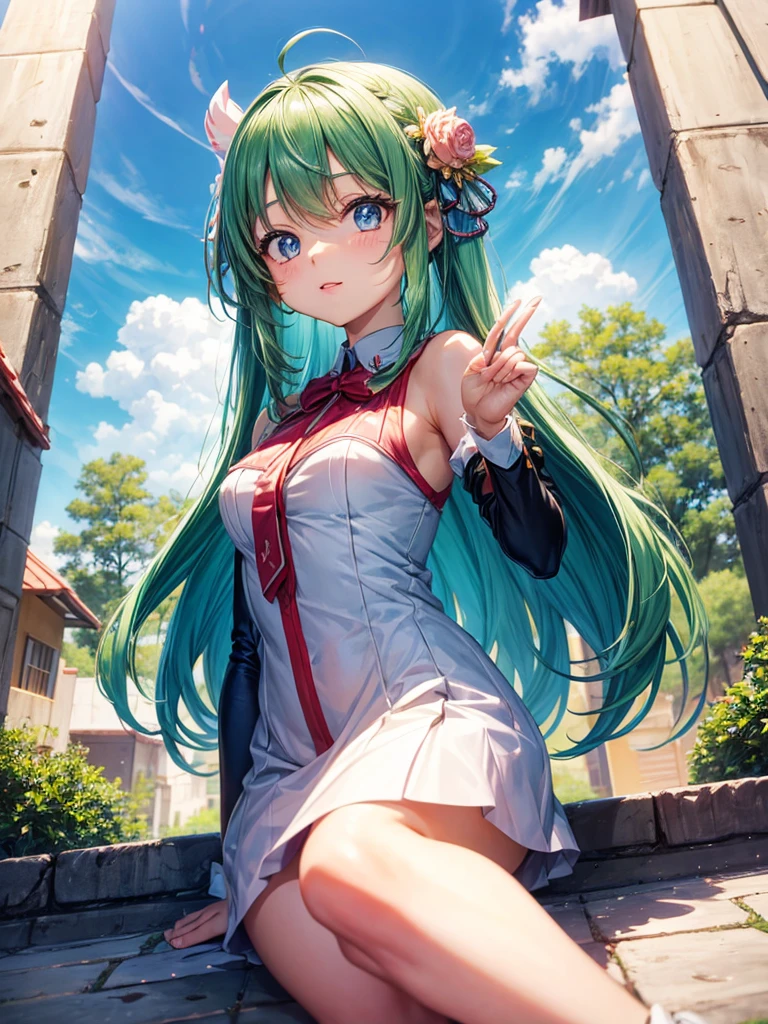 1girll, Long aqua green hair, Red eyes, dress, The back has membranous wings,(Solo:1.3),Simple drawing, Cute, Big smile,From the side Side,Dancing,Watercolor illustration, Perfect anatomy, Masterpiece, Best quality, 1girll, Loli,elementary student,Nature, landscape