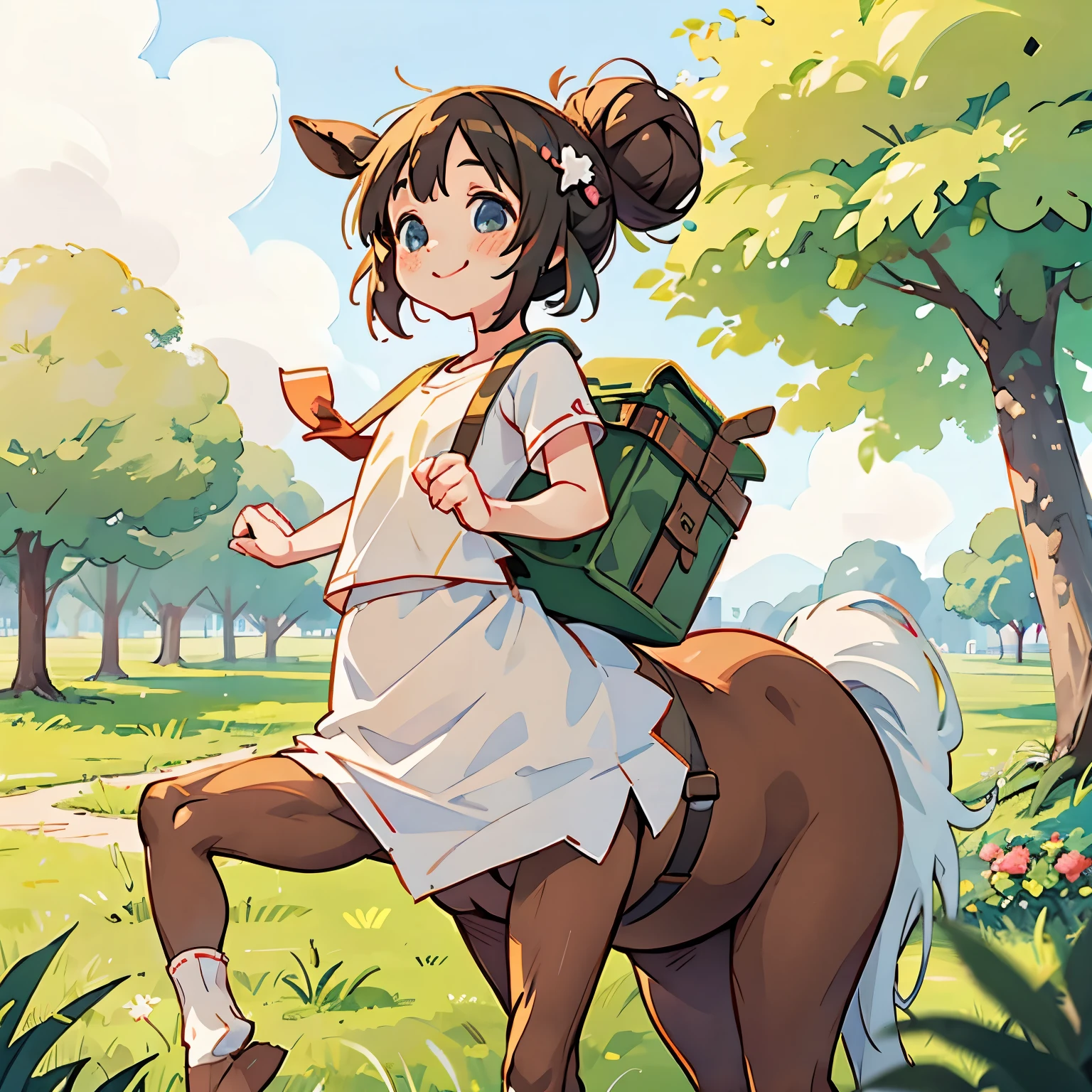 Realistic、Octane Rendering、Morning Park、A little child dancing with a big teddy bear、The girl has her hair in a bun、smile，Centaur，