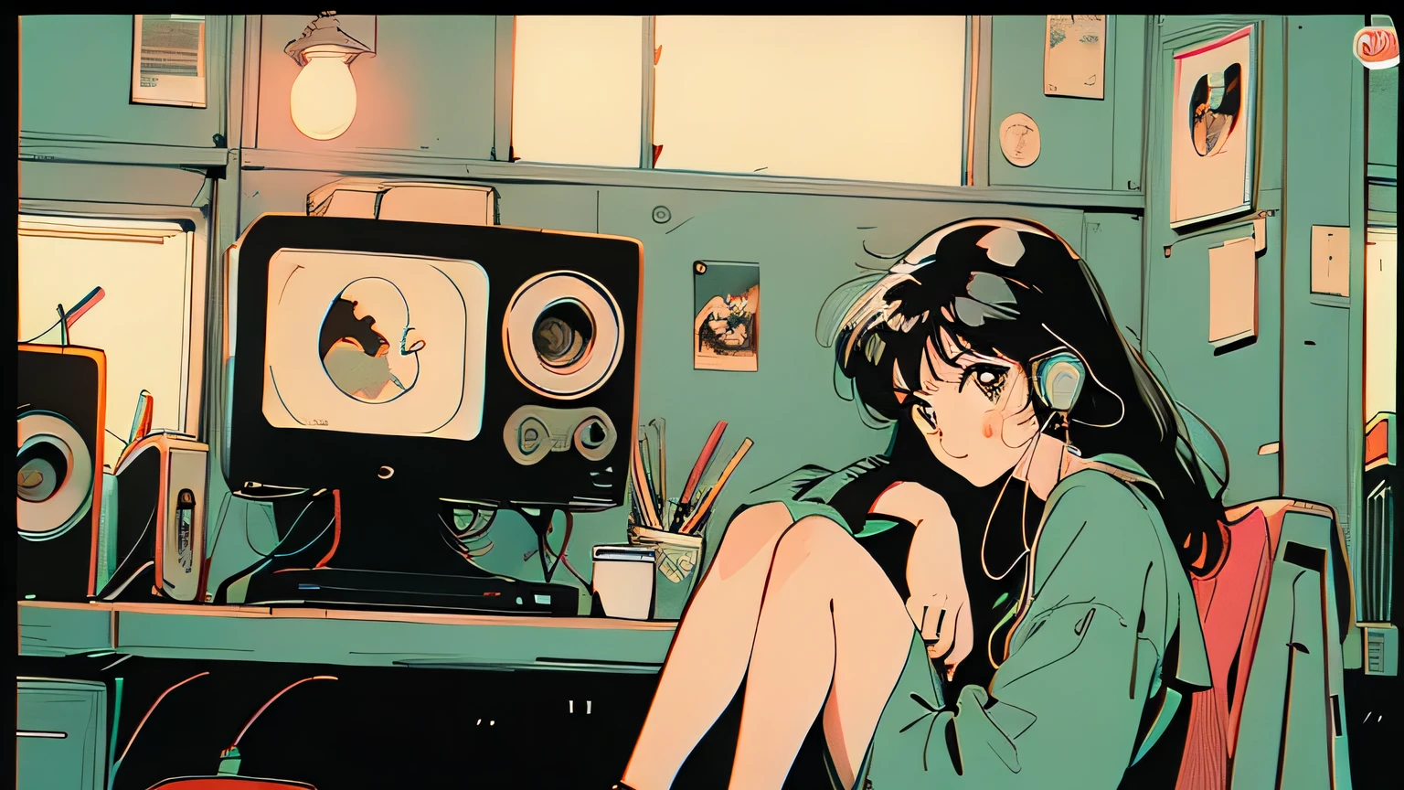 Highest quality, 8k, 1990s style,Hairstyles of the 2010s, 21 year old girl, Black Hair, Bob Hair, Light brown eyes, City Pop, pants ,Night view, A room full of records、Listen to records,front