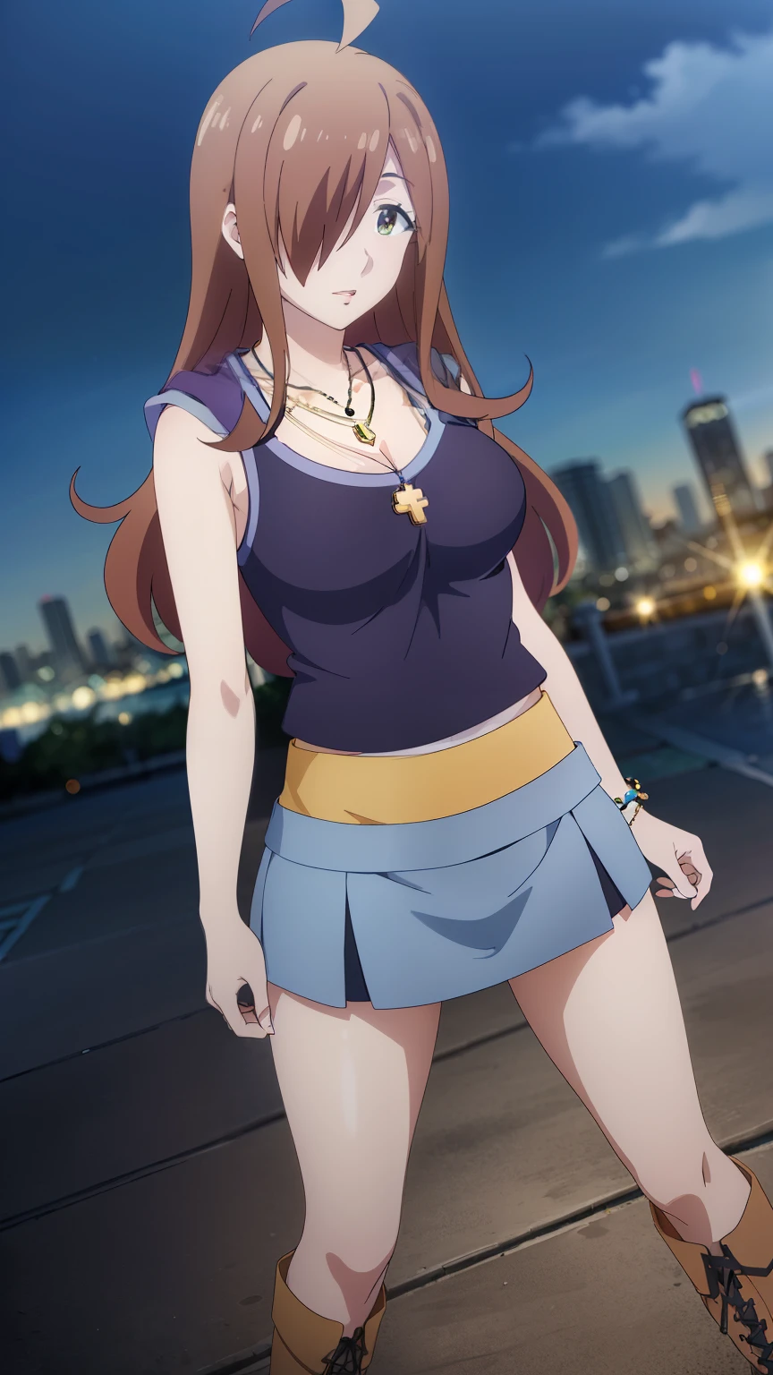 (highest quality, High resolution, 8k:1.2), anime coloring, beautiful eyes, highly detailed face, Detailed CG,anime style, 1 girl, Ahoge, side lock, hair above one eye,scarf,natural lip,skin luster,alone,looking at the viewer, in the center of the image, dutch angle, cowboy shot, ((camisole, necklace, miniskirt, boots, city:1.2)),