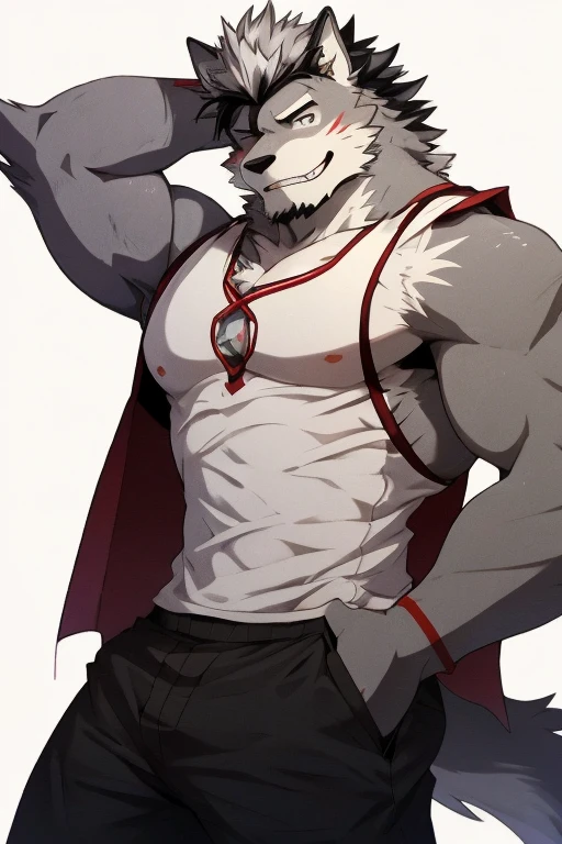 An Anime and Cartoon style Top Left Side Picture of A Very Muscular Kemono Furry Gray Wolf. He wears White and little Red Shirt And a Most black and little red shorts. His both hand is in both his pants pockets. The background is white. He have Gray messy and spikey hair. He is looking at the viewer but his head turn sideways of him. His eyes are White with little red. He is standing in the background. He look like a video game character. He is smiling with his mouth open A little and blushes with blushes on his face. His tail is very long and gray. His furs is all gray. His teeth is very sharp