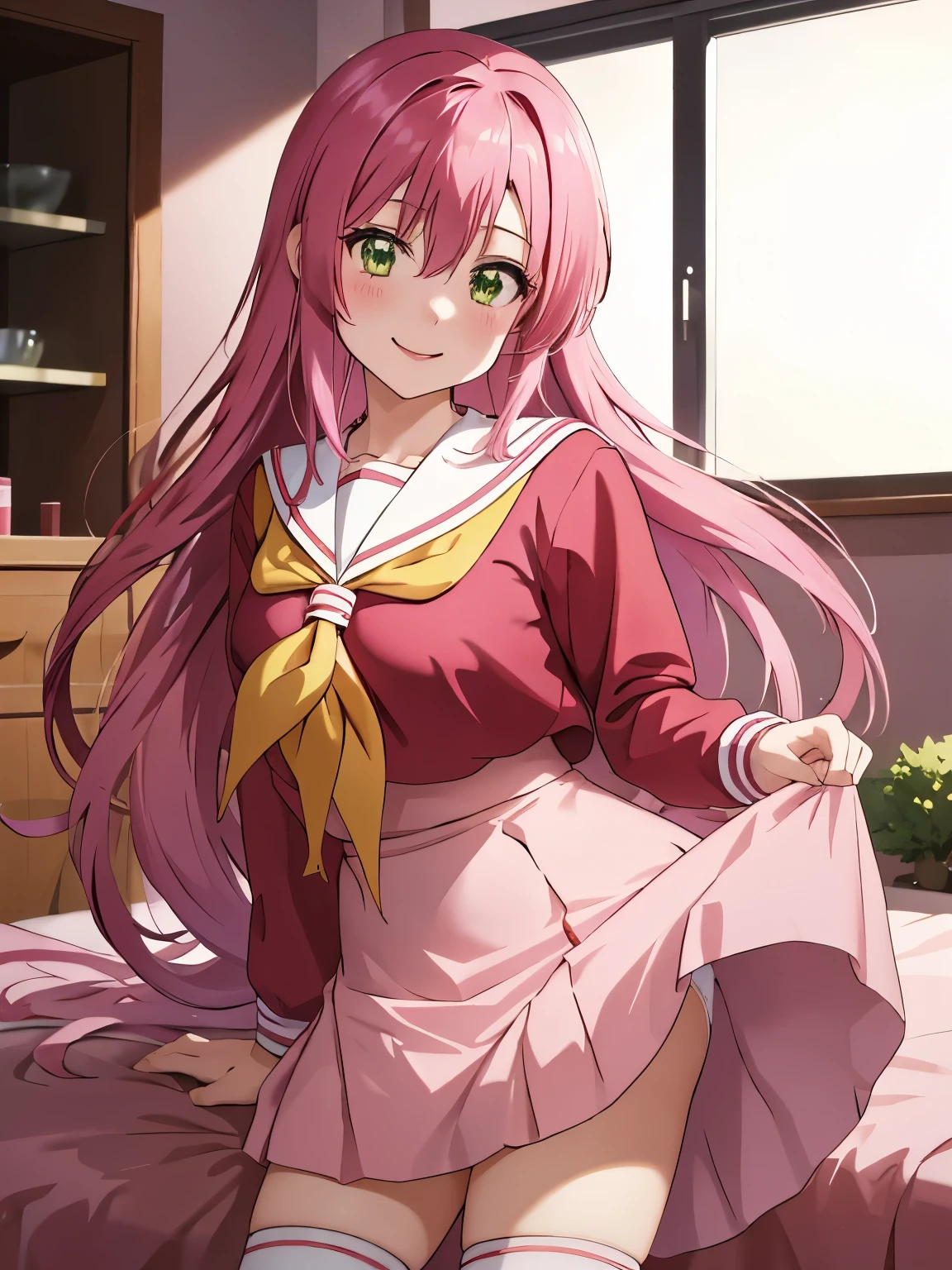 masterpiece, Highest quality, 1 girl, hinagiku katsura, smile、indoor、(Skirt lift up:1.5),Pink Hair, Green Eyes, Very long hair, Straight hair, Hair between the eyes, hair ornaments, Hakuo School Uniform, Sailor collar, Seraphim, Red Shirt, Pink Skirt, Yellow neckerchief, Long sleeve, Black knee socks, Anime screenshots,underwear