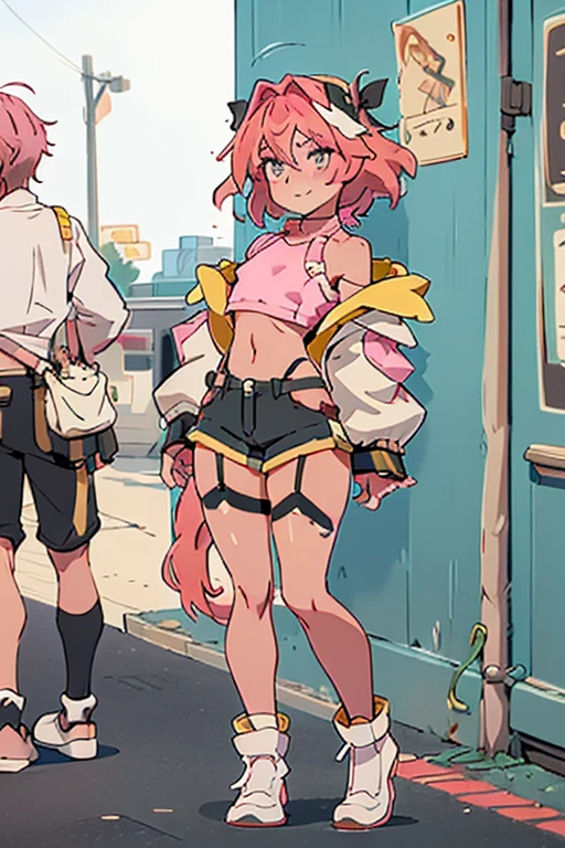 masterpiece、Highest quality、astolfo, Beautiful and slim perfect body, rasgos muy females, cuerpo female sexy muy delgado, flat chest, Pectorals, not breasts, very innocent smile, Girl, bright pink hair, spiky hair, short hair, a long braid, lock of white hair on left side, almost non-existent shorts, top that barely goes up the chest, off shoulder top, long fishnet stockings, female, small bulge in shorts, not penis, Eating an ice-cream, walking down the street、Full body painting、 girl、Ultra-detailed illustrations、Perfect body、Perfect Style、Slender beauty、tall beautiful femboy、A cheerful smile、extremely cute and beautiful femboy、femboy、Poses provoking men、Heavy breathing、Expressions of rutting、Very delicate and beautiful face and eyes、Detailed and sophisticated eyes、Beautiful Eyes、Beautiful Hair、Beautiful messy pink short hair、alone, 1femboy in、Dynamic Angle、Full Shot、Wide Shota Star Piece, Highest quality, ,Tube top、Navel costume、hot pants、Shorts、garter belt、Flight jacket、、Knee-high socks、Knee-high boots、 Long sleeve、Narrow waist、Shortsからはみ出る尻、Big Ass、Accentuated buttocks、Thin legs