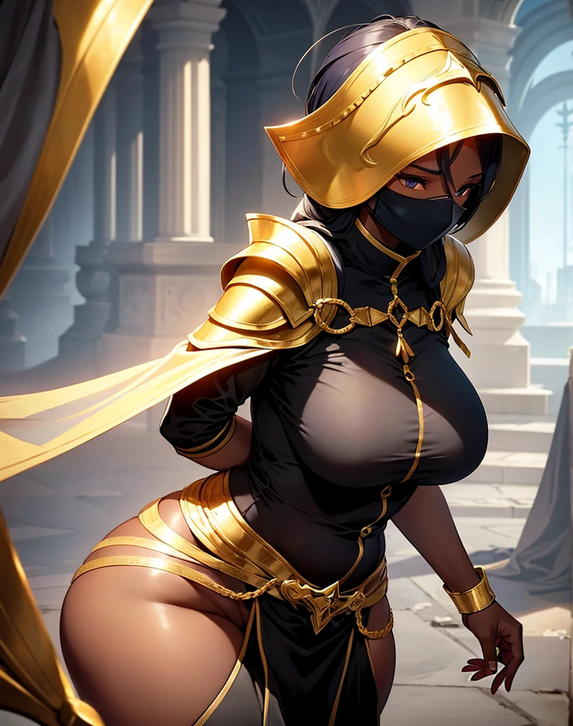 An adult female priest with a simple golden mask that covers her entire face, obscuring her hair and face.、Dark Skin、Extremely sexy、Plump、Big Breasts、Ruins Background