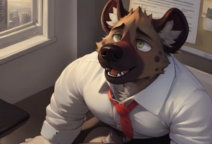 haida, hyena, nuzzle, male, spotted hyena, hyena boy, yellowish green eyes, fangs, spots, spotted body, white canine tail, white hands, white fingers, cheek tufts, neck short tufts, fur, lean, (wearing office outfit/ white shirt and red tie), by sugaryhotdog, by darkgem, by kokukokuboo, big chest, big biceps solo, (sketch lines, colored sketch), volumetric lighting, dynamic light, full body, intricate details, absurd res, 8k, the best quality, the best resolution, masterpiece, beautiful composition, absurd res, needy eyes, submissive, excited, office setting, back laying on desk, documents and files, laying submissivley, , thick butt, plump butt, panting, butt crack,wall clock, city landscape, morning light, longing gaze,  BARA, muscular, himbo, dilf, POV oral sex, standing, ((duo, gay, anal sex from behind, anal sex,))
