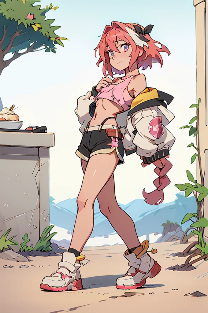 masterpiece、Highest quality、astolfo, Beautiful and slim perfect body, rasgos muy females, cuerpo female sexy muy delgado, flat chest, Pectorals, not breasts, very innocent smile, Girl, bright pink hair, spiky hair, short hair, a long braid, lock of white hair on left side, almost non-existent shorts, top that barely goes up the chest, off shoulder top, long fishnet stockings, female, small bulge in shorts, not penis, Eating an ice-cream, walking down the street、Full body painting、 girl、Ultra-detailed illustrations、Perfect body、Perfect Style、Slender beauty、tall beautiful femboy、A cheerful smile、extremely cute and beautiful femboy、femboy、Poses provoking men、Heavy breathing、Expressions of rutting、Very delicate and beautiful face and eyes、Detailed and sophisticated eyes、Beautiful Eyes、Beautiful Hair、Beautiful messy pink short hair、alone, 1femboy in、Dynamic Angle、Full Shot、Wide Shota Star Piece, Highest quality, ,Tube top、Navel costume、hot pants、Shorts、garter belt、Flight jacket、、Knee-high socks、Knee-high boots、 Long sleeve、Narrow waist、Shortsからはみ出る尻、Big Ass、Accentuated buttocks、Thin legs