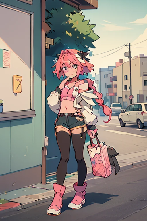 masterpiece、Highest quality、astolfo, Beautiful and slim perfect body, rasgos muy females, cuerpo female sexy muy delgado, flat chest, Pectorals, not breasts, very innocent smile, Girl, bright pink hair, spiky hair, short hair, a long braid, lock of white hair on left side, almost non-existent shorts, top that barely goes up the chest, off shoulder top, long fishnet stockings, female, small bulge in shorts, not penis, Eating an ice-cream, walking down the street、Full body painting、 girl、Ultra-detailed illustrations、Perfect body、Perfect Style、Slender beauty、tall beautiful femboy、A cheerful smile、extremely cute and beautiful femboy、femboy、Poses provoking men、Heavy breathing、Expressions of rutting、Very delicate and beautiful face and eyes、Detailed and sophisticated eyes、Beautiful Eyes、Beautiful Hair、Beautiful messy pink short hair、alone, 1femboy in、Dynamic Angle、Full Shot、Wide Shota Star Piece, Highest quality, ,Tube top、Navel costume、hot pants、Shorts、garter belt、Flight jacket、、Knee-high socks、Knee-high boots、 Long sleeve、Narrow waist、Shortsからはみ出る尻、Big Ass、Accentuated buttocks、Thin legs