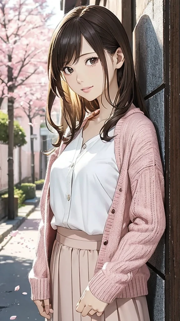 High resolution, 8k, Highest quality, detailed, Semi-realistic anime, Anime 3D Style, Smooth anime CG, One Girl, 20 year old Japanese woman, slim, Modeled, Shiny brown hair, detailedな顔, Beautiful and detailed, Glowing Skin, Hard Focus、Film Grain, Soft lighting, Looking at the audience, Laughter, (Pink cardigan and skirt), A tree-lined street with cherry blossom petals falling、A day with a gentle spring breeze