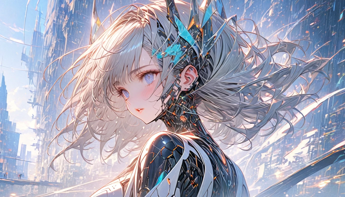 1girl, face focus, happy tears, side view, dynamic, mechanical organism, hyper realistic machine,
