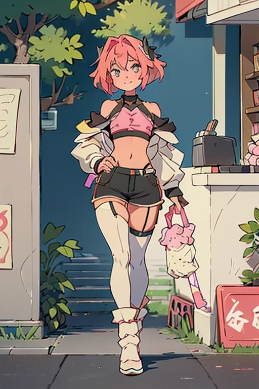 masterpiece、Highest quality、astolfo, Beautiful and slim perfect body, rasgos muy females, cuerpo female sexy muy delgado, flat chest, Pectorals, not breasts, very innocent smile, Girl, bright pink hair, spiky hair, short hair, a long braid, lock of white hair on left side, almost non-existent shorts, top that barely goes up the chest, off shoulder top, long fishnet stockings, female, small bulge in shorts, not penis, Eating an ice-cream, walking down the street、Full body painting、 girl、Ultra-detailed illustrations、Perfect body、Perfect Style、Slender beauty、tall beautiful femboy、A cheerful smile、extremely cute and beautiful femboy、femboy、Poses provoking men、Heavy breathing、Expressions of rutting、Very delicate and beautiful face and eyes、Detailed and sophisticated eyes、Beautiful Eyes、Beautiful Hair、Beautiful messy pink short hair、alone, 1femboy in、Dynamic Angle、Full Shot、Wide Shota Star Piece, Highest quality, ,Tube top、Navel costume、hot pants、Shorts、garter belt、Flight jacket、、Knee-high socks、Knee-high boots、 Long sleeve、Narrow waist、Shortsからはみ出る尻、Big Ass、Accentuated buttocks、Thin legs