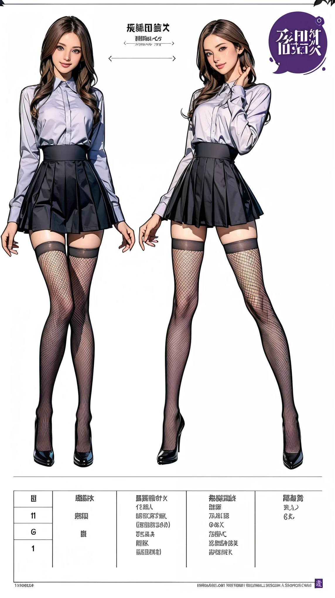 ((masterpiece)), (((Highest quality))), ((Character design sheet)), thin thighs, 1girl in sexy schoolgirl outfit, red plaid miniskirt, white blouse, short sleeve, black Mary Janes, white thigh highs, tight fit:1.5, large breasts, cleavage:2, blonde hair in high ponytail, glasses, smiling, butt exposure:2