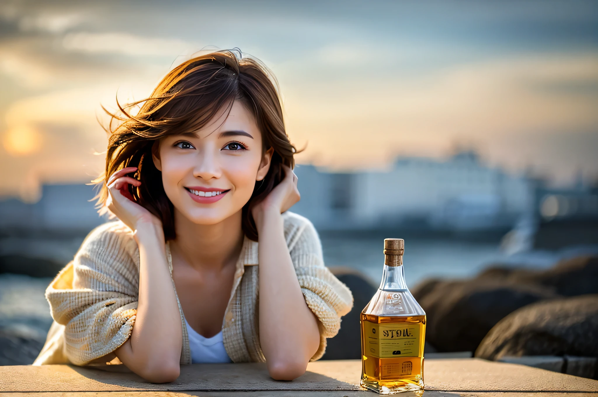 (Realistic, 超Realistic:1.4), 16k hdr, High resolution,Brown short hair,The best smile、Japanese actress,Super Beauty(Like the real thing),Short sleeve dress,Whiskey bottles、The Macallan、Johnnie Walker、、Old Parr、whiskey、Suntory、nikka、Slim couple、Model Couple、(Realistic, Intricate details:1.2), full-course dinner、Whiskey bottle and glass on the table、Single Malt、scotch、Rocks glass、Shot Glass、Whisky on the Rock、Scotland、Amazing view of the sunset sky and clouds、,Digital single-lens reflex camera, Soft lighting, Detailed Background, Written boundary depth, Volumetric lighting, Sharp focus, super Realistic 肌,super beautiful expression,Cloud Effect:1.2、Professional quality high resolution、Realistic facial features,Highest quality,Slim figure,Highly detailed face,Highly detailed eyes,Beautiful Lips,Excellent light particles,Cinema Lighting,Blue eyes,