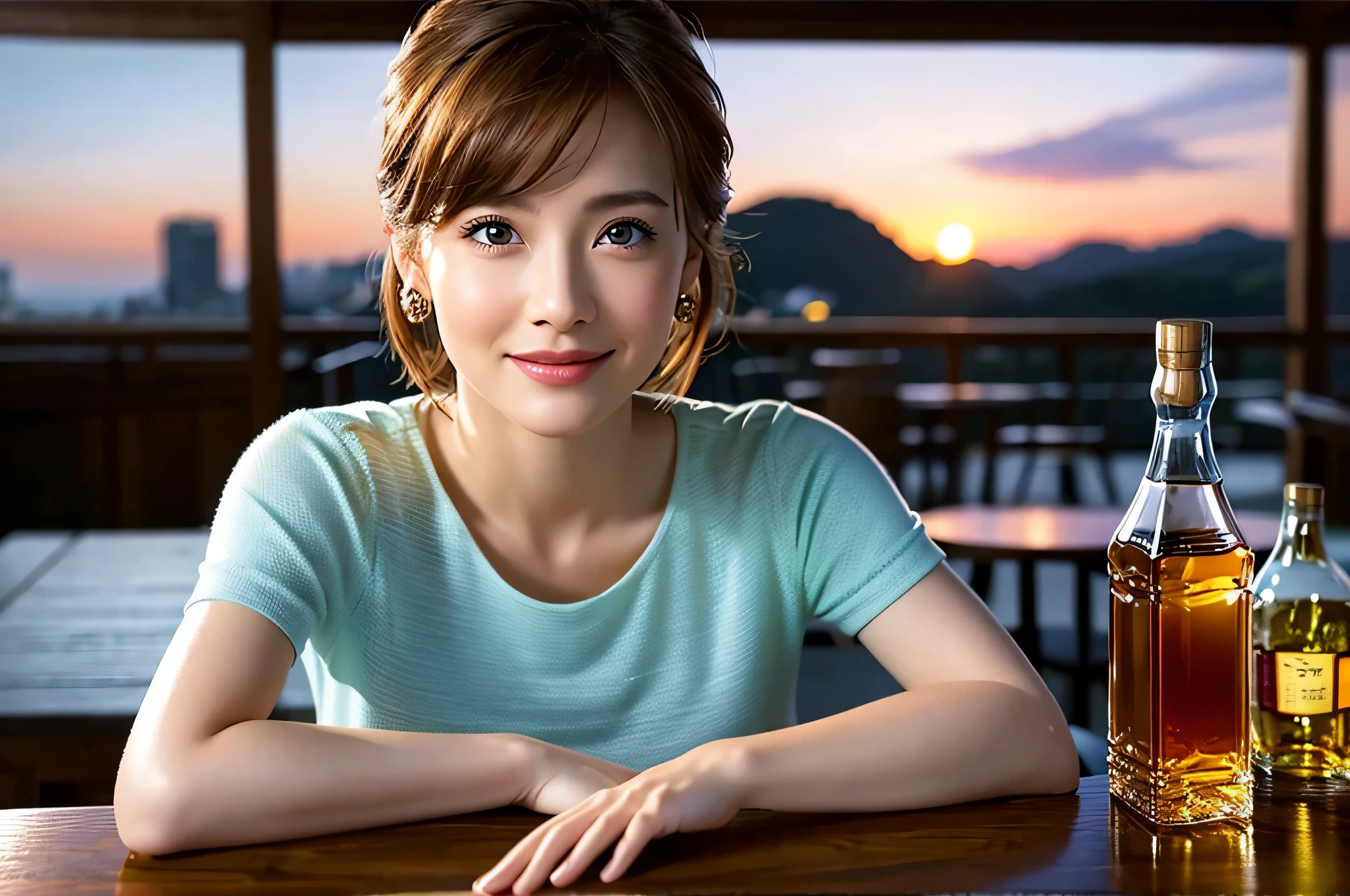 (Realistic, 超Realistic:1.4), 16k hdr, High resolution,Brown short hair,The best smile、Japanese actress,Super Beauty(Like the real thing),Short sleeve dress,Whiskey bottles、The Macallan、Johnnie Walker、、Old Parr、whiskey、Suntory、nikka、Slim Couple、Model Couple、(Realistic, Intricate details:1.2), full-course dinner、Whiskey bottle and glass on the table、Single Malt、scotch、Rocks glass、Shot Glass、Whisky on the rocks、Scotland、Amazing view of the sunset sky and clouds、,Digital single-lens reflex camera, Soft lighting, Detailed Background, Written boundary depth, Volumetric lighting, Sharp focus, super Realistic 肌,super beautiful expression,Cloud Effect:1.2、Professional quality high resolution、Realistic facial features,Highest quality,Slim figure,Highly detailed face,Highly detailed eyes,Beautiful Lips,Excellent light particles,Cinema Lighting,Blue eyes,