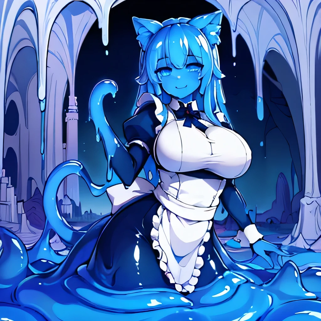  ((masterpiece,best quality,ultra-delicate,Perfect Face,16k,high resolution,very beautiful girl)),blue slime girl,high viscosity blue slime body,black and white maid dress:1.5,cat ears,large breasts,,smile,blue slimy caves,melting body,tranceparent,long hair