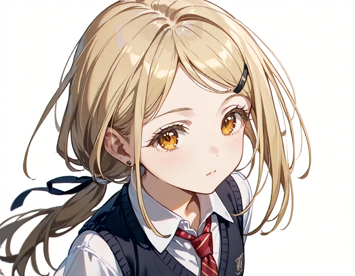 shinosawa hiro,slender,amber eyes,white eyelash,blonde hair,long hair,hairclip,white background,flat chest,necktie,black vest,low ponytail,