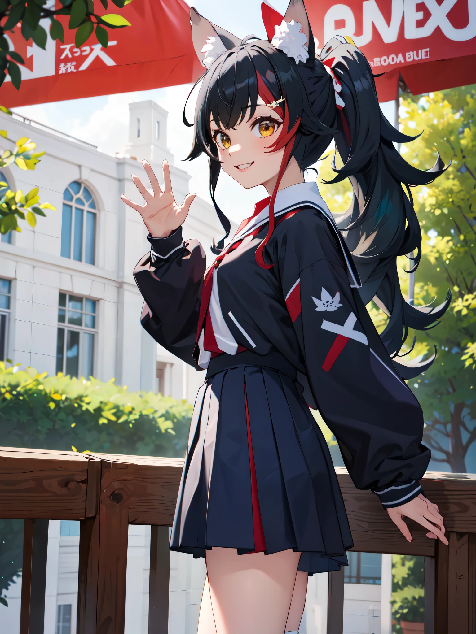 masterpiece, vibrant colours, best quality, detailed, highres, absurdres, score_9, score_8_up, score_7_up, in1, side ponytail, long hair, ahoge, white shirt, school uniform, blue skirt, long sleeves, red bow, white socks, green jacket, cowboy shot, standing, smile, waving