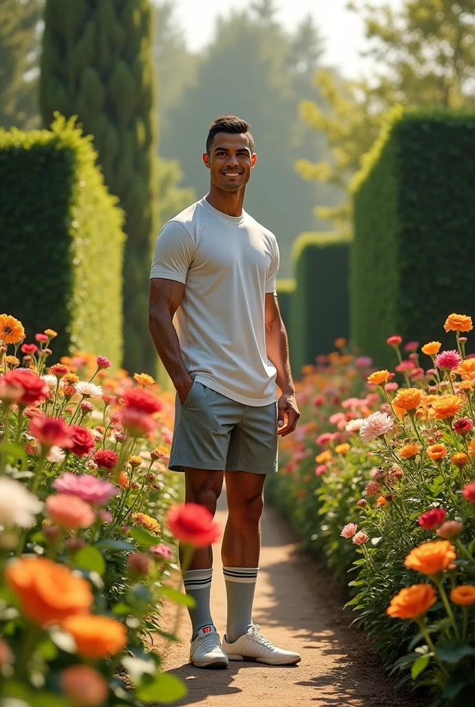 in rococo art style, Low Angle Shot, view from behind, Fantasy, fullbody, a latino, perfect ???????, young, barefoot, very skinny slim body, beatifull feet, muscled legs, detailed muscles, latino, hidden smiling, peaceful gaze, nice smile, masculine look, barefoot, shirtless, standing in beatifull garden in beatifull sunny day, trending on artstation, sharp focus, studio photo, intricate details, highly detailed