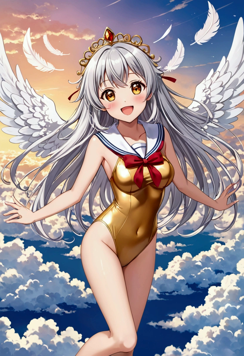 A cute anime girl, gold leotard , silver hair, amber eyes, cute face, medium breasts, slim legs, slender body, looking at viewer, smile, blush, open mouth, above the clouds, cowboy shot, cute eyes, arms behind back, very long hair, excited, angel wings, flying, floating, angel feathers, sailor tiara 
