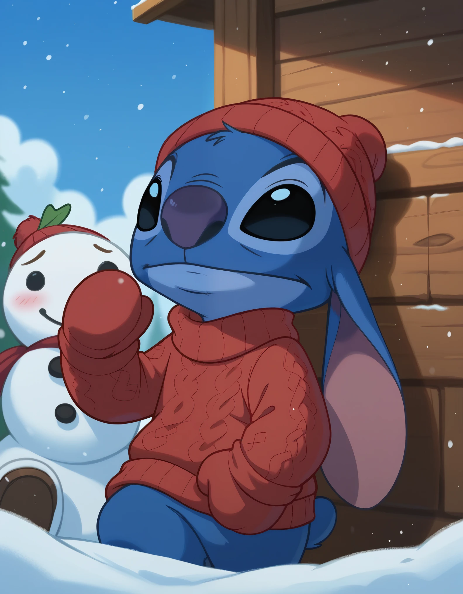 score_9, score_8_up, score_8, 1boy, stitch, black eyes, furry, sweater, beanie, snow, snowman, mittens, cute