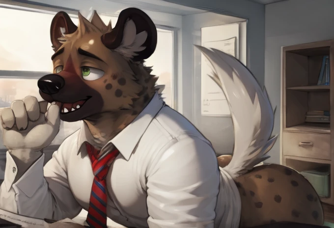 haida, hyena, nuzzle, male, spotted hyena, hyena boy, yellowish green eyes, fangs, spots, spotted body, white canine tail, white hands, white fingers, cheek tufts, neck short tufts, fur, lean, (wearing office outfit/ white shirt and red tie), by sugaryhotdog, by darkgem, by kokukokuboo, big chest, big biceps solo, (sketch lines, colored sketch), volumetric lighting, dynamic light, full body, intricate details, absurd res, 8k, the best quality, the best resolution, masterpiece, beautiful composition, absurd res, needy eyes, submissive, excited, office setting, back laying on desk, documents and files, laying submissivley, , thick butt, plump butt, panting, butt crack,wall clock, city landscape, morning light, longing gaze,  BARA, muscular, himbo, dilf, POV oral sex, standing, ((duo, gay, anal sex from behind, anal sex,)) blowjob, excessive cum, full view, ((hand grabbing penis)) jerking off, jerking self off
