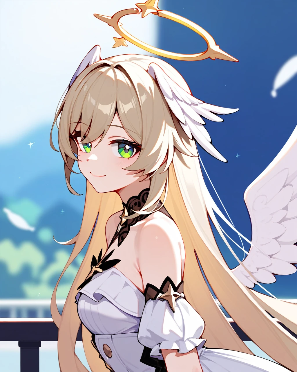 masterpiece,best quality,robin_(honkai:_star_rail), head_wings, angel, virtual_youtuber, 1girl, white_wings, looking_at_viewer, halo, wings, upper_body, solo, from_side, blurry_background, closed_mouth, dress, bare_shoulders, smile