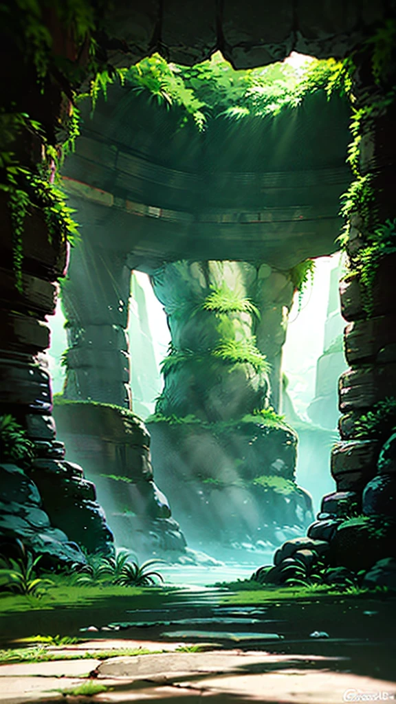 Harsh light, strong contrast, a cave with an open ceiling,Sunlight falling on green moss and ferns, and an open( Sea view:1.1) At the bottom, Cell shader rendering, 4K, 360 degrees, Equirectangular, forcibly exercise,