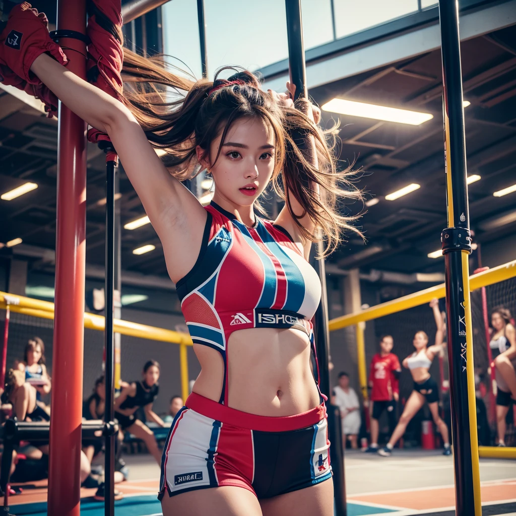 1 girl in luxury sports outfit, messy hair, playful action, oversized pole dance, matching scene, high-quality, detailed, photorealistic, dynamic lighting, vibrant colors, cinematic composition, 8k, masterpiece, professional photography