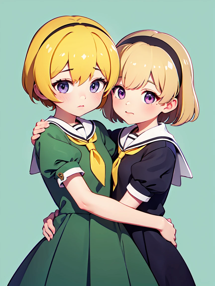 (hugging a teddy bear ), (Satoko Hojo)
, woman, alone, Yellow Hair, blonde, Purple eyes, short hair, (hair band), Flat Chest, , green dress, white sailor collar, yellow neckerchief, short sleeves, puffy sleeves, black pantyhose,