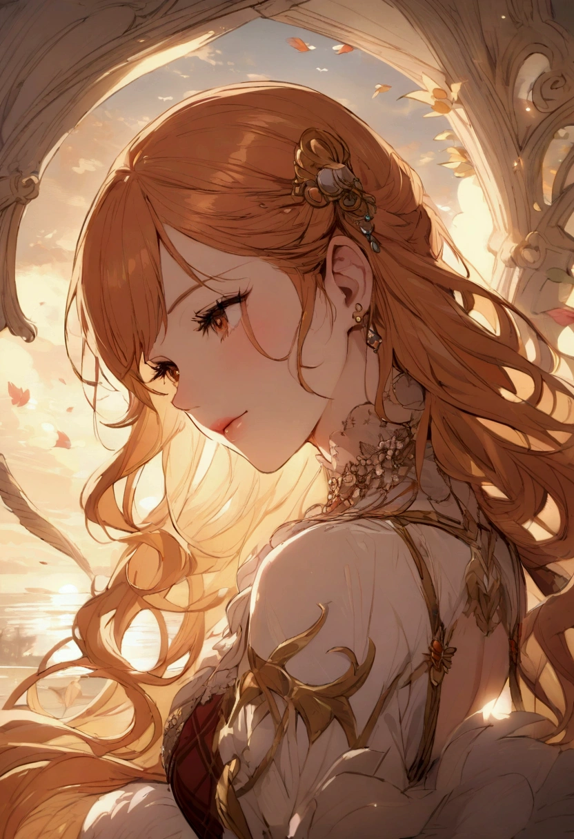 (((Masterpiece)), high quality, super detailed, red hair + black clothing: 1.2, sweet and delicate girl, Lolita, delicate facial features, perfect figure, face with decoration, bright bright colors, pearl white background, romantic long hair, natural light, warm and sweet, golden eyes, gorgeous hair decoration.
