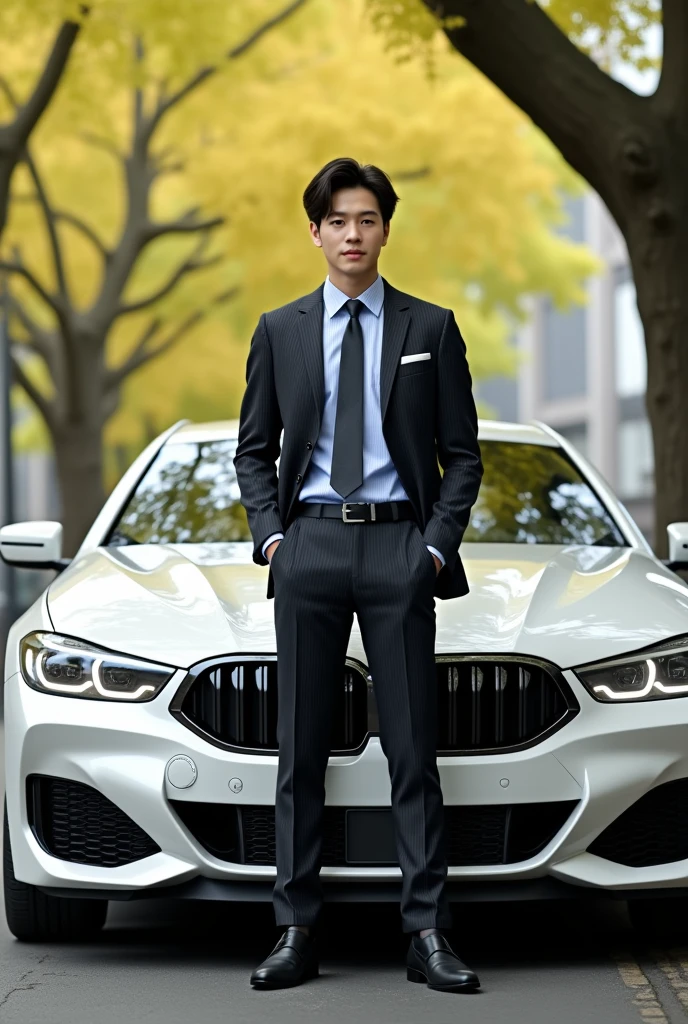 korean guy / Dark hair , brown eye , light skin , sports body / Dressed in a black suit / stands near a BMW car in Seoul / High quality photos , You can see the face