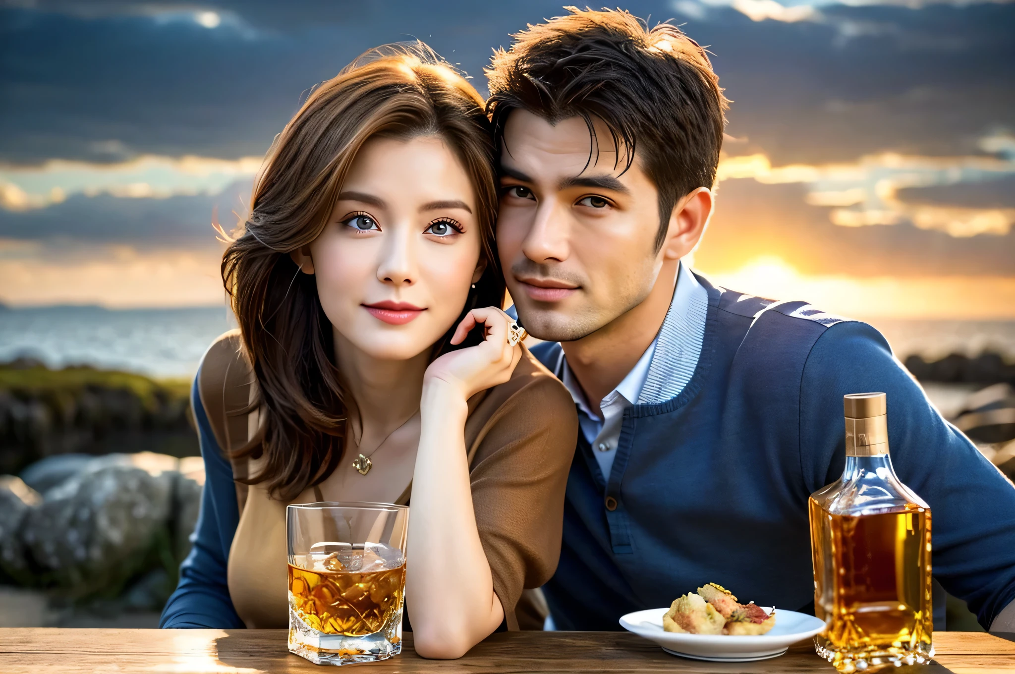 (Realistic, 超Realistic:1.4), 16k hdr, High resolution,Brown short hair,The best smile、Handsome Men and Beautiful Women、Islay、Japanese actress,Super Beauty(Like the real thing),Short sleeve dress,Whiskey bottles、The Macallan、Johnnie Walker、、Old Parr、whiskey、Suntory、nikka、Slim couple、Model Couple、(Realistic, Intricate details:1.2), full-course dinner、Whiskey bottle and glass on the table、Single Malt、scotch、Rocks glass、Shot Glass、Whisky on the Rock、Scotland、Amazing view of the sunset sky and clouds、,Digital single-lens reflex camera, Soft lighting, Detailed Background, Written boundary depth, Volumetric lighting, Sharp focus, super Realistic 肌,super beautiful expression,Cloud Effect:1.2、Professional quality high resolution、Realistic facial features,Highest quality,Slim figure,Highly detailed face,Highly detailed eyes,Beautiful Lips,Excellent light particles,Cinema Lighting,Blue eyes,