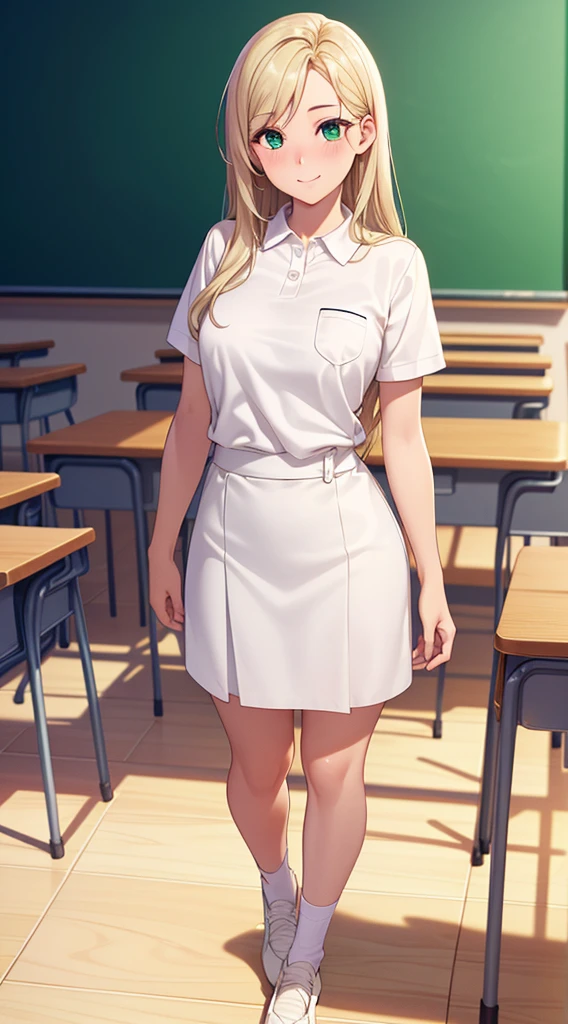 ((masterpiece, Highest quality, High resolution, 超High resolution, Pixel perfect, Depth of written boundary, 4K, RTTX 10.0, High resolution))), ((One person, single, alone,))Beautiful Anime, Beautiful art style, Anime characters, ((Long Hair, Parted bangs, Blonde)、straight hair), (Green Eyes:1.4, Round eyes, Beautiful eyelashes, Realistic eyes), (Detailed face, blush:1.2), (Smooth texture:0.75, Realistic texture:0.65, Realistic:1.2, Anime CG style), Medium chest,( standing、from front、full body、top of head,),   Perfect body, Big Breasts, (White polo shirt、Short sleeve、skirt、White socks、)), smile, Open your mouth, classroom