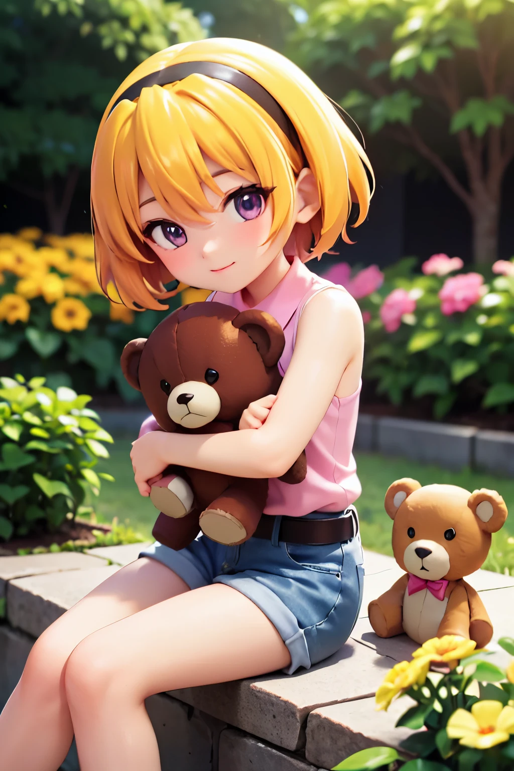 (hugging a teddy bear ), (Satoko Hojo), woman, alone, Yellow Hair, blonde, Purple eyes, short hair, hair band, Flat Chest, １１Year, Collared shirt,Sleeveless shirt,(Pink Shirt), White Belt, Denim shorts, Chibi Figures, garden